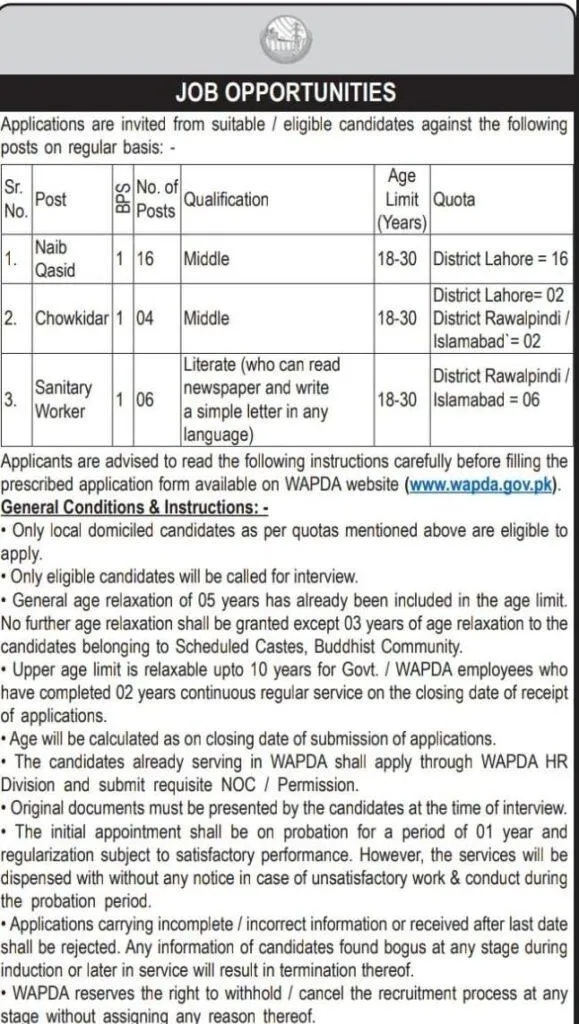 WAPDA Jobs 2024 – Apply online for latest government job vacancies in Pakistan's water and power secto