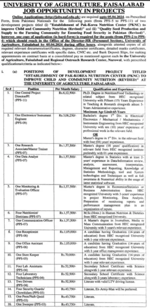 UAF Jobs Advertisement 2024 in PKNC & Quality Seed Projects