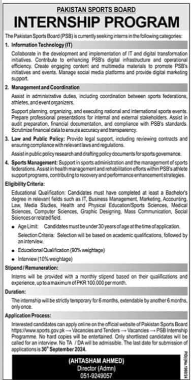 Pakistan Sports Board Internship Program 2024