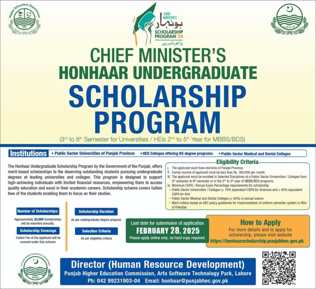 Chief Minister Honhaar Undergraduate Scholarship Program 2025