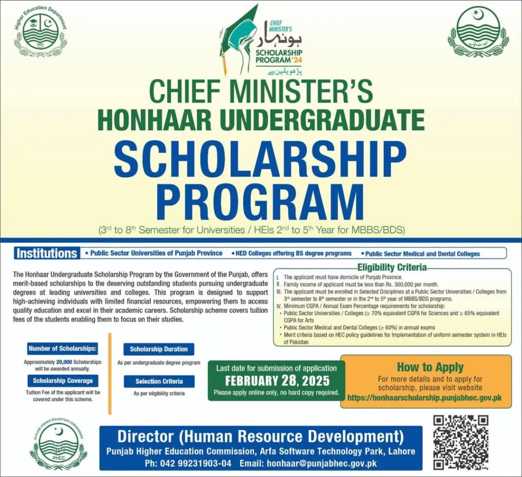Chief Minister Honhaar Undergraduate Scholarship Program 2025
