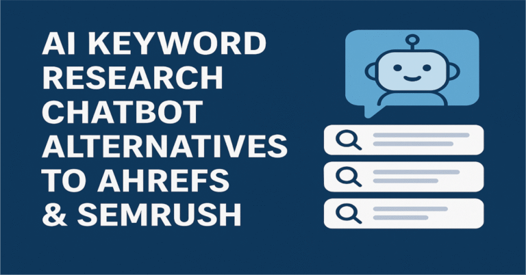 AI-powered chatbot interface displaying keyword research tools and analytics graphs as an alternative to Ahrefs and SEMrush.