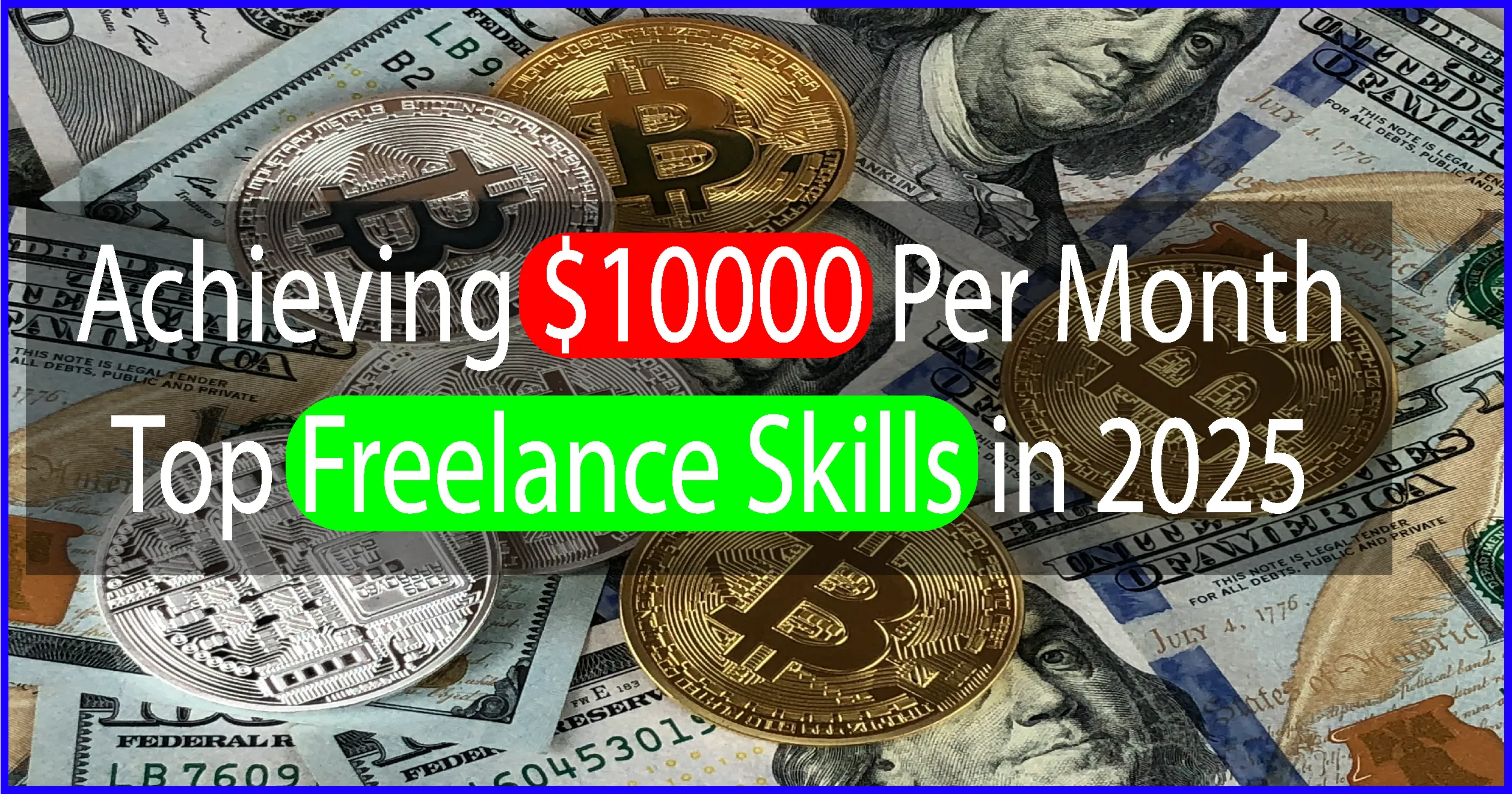 Achieving $10000 Per Month: "Illustration of a freelancer working remotely on a laptop with icons representing top 2025 freelance skills like AI, blockchain, digital marketing, coding, and design, symbolizing monthly earnings of $10,000