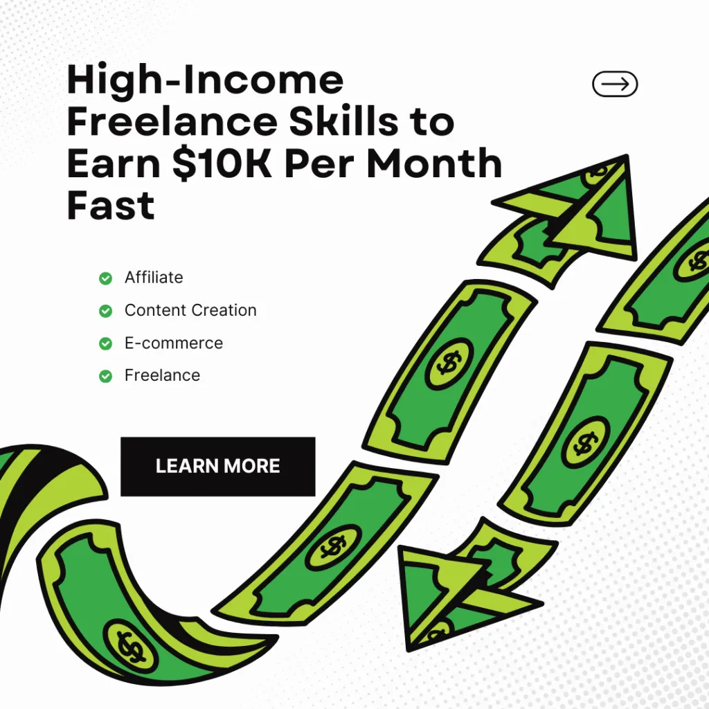Achieving $10000 Per Month: Illustration of a freelancer working remotely on a laptop with icons representing top 2025 freelance skills like AI, blockchain, digital marketing, coding, and design, symbolizing monthly earnings of $10,000.
