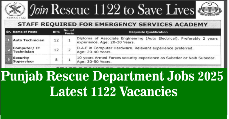 Punjab Rescue Department Jobs 2025 Latest 1122 Vacancies