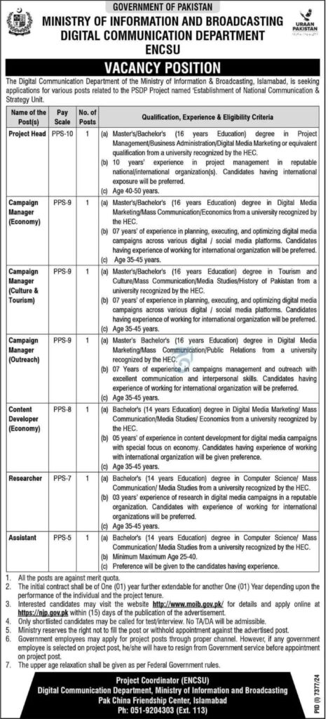 Official job advertisement for 2025 vacancies in the MOIB Digital Communication Department, Islamabad, detailing positions such as Project Head, Campaign Managers, Content Developers, and Assistants, with application deadlines and eligibility criteria