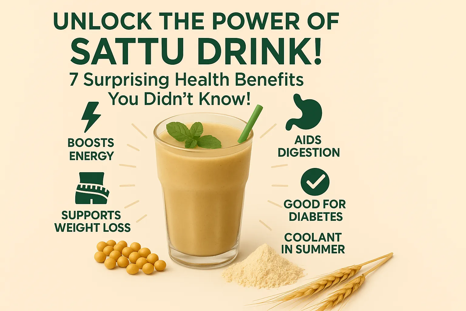 A chilled glass of sattu drink garnished with fresh mint leaves, surrounded by roasted gram flour, lemon slice, and a spoon on a wooden surface.