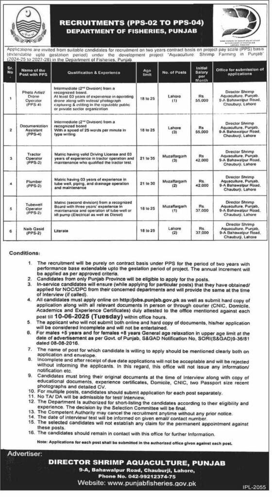 Punjab Fisheries Department Jobs 2025 – Apply Online by June 10