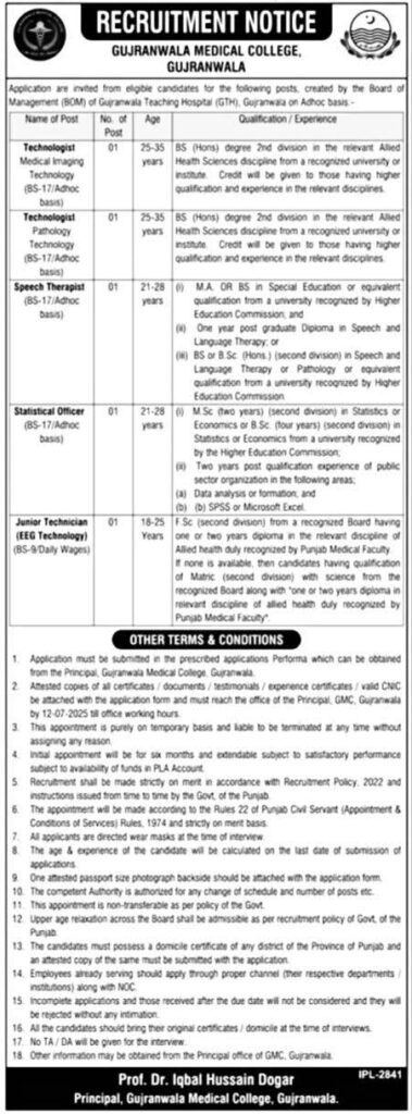 Gujranwala Medical College jobs 2025 - Current openings for technologists, therapists and medical staff