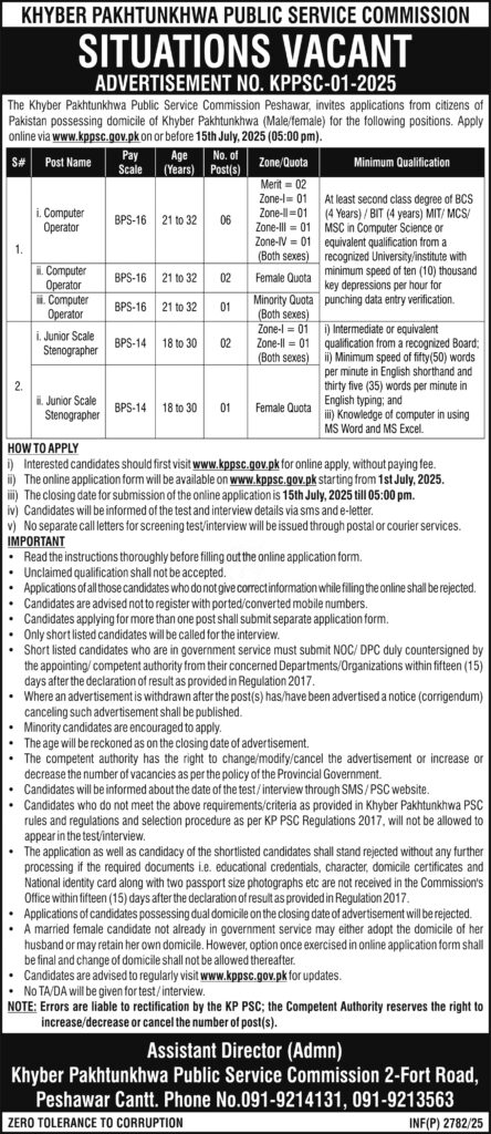 KPPSC Computer Operator Jobs 2025: Latest Govt jobs in KPK