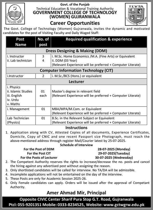 Government College of Technology Women Gujranwala Jobs 2025