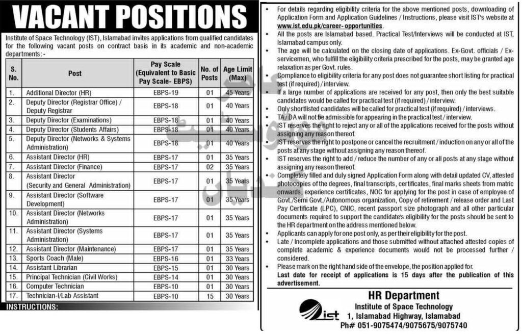IST Jobs 2025 – Institute of Space Technology Islamabad