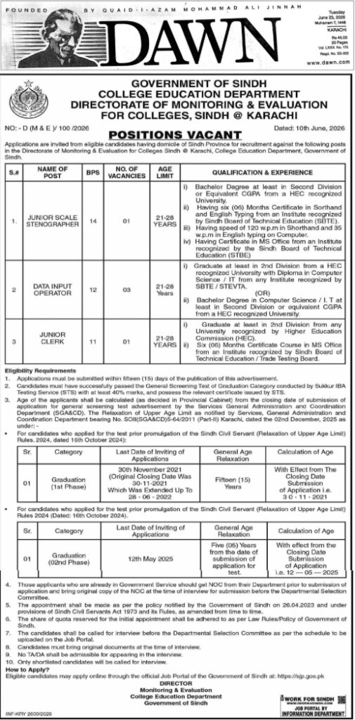 Government of Sindh College Education Department Jobs 2026